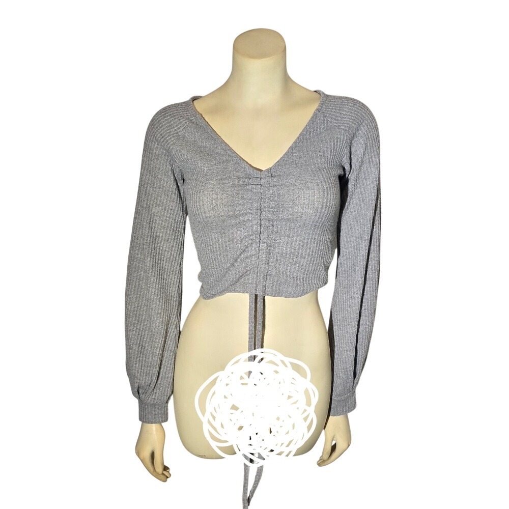 Forever 21 Crop Top Womens Small Gray Ribbed Ruched V-Neck Long Sleeve